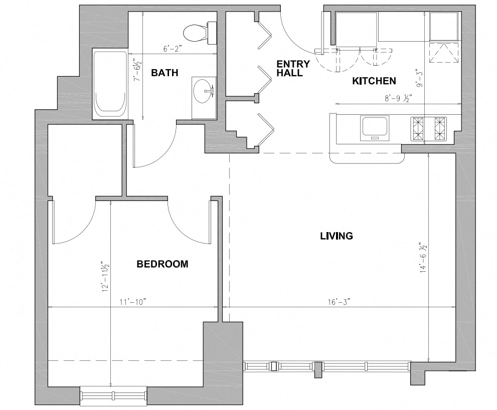 Floor plan for 1 bed, 1 bath, 775 sqft